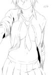  breasts greyscale highres medium_breasts monochrome navel niwatazumi open_clothes open_shirt original shirt short_hair simple_background sketch skirt solo white_background 
