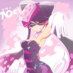  1girl aori_(splatoon) arm_up armpits bare_shoulders black_dress black_hair bow breasts cleavage commentary_request detached_collar domino_mask dress earrings food food_on_head gloves grin hair_bow hat ikkyuu jewelry long_hair looking_at_viewer mask medium_breasts mole mole_under_eye object_on_head one_eye_closed pointy_ears smile solo splatoon_(series) splatoon_1 strapless symbol-shaped_pupils tentacle_hair tentacles white_gloves yellow_eyes 