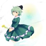  bangs blush closed_mouth dress eyebrows eyebrows_visible_through_hair flower ghost_tail green_dress green_eyes green_hair hat looking_at_viewer ofuda shikushiku_(amamori_weekly) short_hair smile soga_no_tojiko solo tate_eboshi touhou 