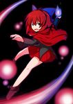  :o bare_legs black_shirt bow cape commentary_request fire full_body hair_bow high_collar highres katsumi5o long_sleeves looking_at_viewer miniskirt open_mouth pleated_skirt purple_bow red_eyes red_hair red_skirt sekibanki shirt short_hair skirt solo touhou v-shaped_eyebrows 