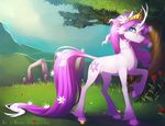 2015 antiander blue_eyes cloven_hooves crown cutie_mark equine female feral flower fur grass hair harmony_(mlp) hi_res hooves horn landscape looking_at_viewer mammal my_little_pony nature outside pink_fur plant purple_hair sky smile solo tree tree_of_harmony unicorn 