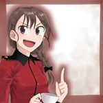  braid brown_eyes brown_hair cup epaulettes girls_und_panzer hair_over_shoulder hair_tie highres jacket krmtknkoo1582 long_hair long_sleeves military military_uniform open_mouth pointing pointing_up red_jacket rukuriri single_braid teacup uniform 