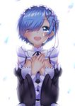 ;d apron bad_id bad_pixiv_id bangs blue_eyes blue_hair breasts cleavage_cutout collar commentary_request crying crying_with_eyes_open detached_sleeves dress hair_ornament hair_over_one_eye hair_ribbon hands_on_own_chest hands_together highres maid maid_apron maid_headdress medium_breasts one_eye_closed open_mouth petals re:zero_kara_hajimeru_isekai_seikatsu rem_(re:zero) ribbon short_hair sketch smile solo takamiya_nao tears upper_body white_background wide_sleeves 