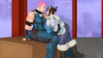  alexis_kimble biceps boots box brown_hair coat fur_coat glasses hair_bun hair_ornament hairpin hand_on_another's_head highres hood imminent_kiss mei_(overwatch) multiple_girls overwatch pink_hair scar sitting sleeveless snow_boots yuri zarya_(overwatch) 