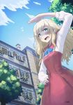  arm_up ascot blonde_hair blue_neckwear blush building cloud day dress flower green_eyes hand_on_hip highres kagawa_yuusaku long_hair open_mouth original outdoors sailor_dress shading_eyes signature sky solo standing tree window 