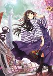  black_hair boots cross-laced_footwear fisheye flower from_below green_eyes hair_flower hair_ornament hakama japanese_clothes kinchaku lace-up_boots long_hair meiji_schoolgirl_uniform original pouch purple_hakama solo tougarashi_hideyu yagasuri 