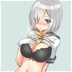  bad_id bad_pixiv_id bangs black_bra blue_eyes blush bow bow_bra bra breasts cleavage commentary_request gloves hair_ornament hair_over_one_eye hairclip hamakaze_(kantai_collection) hand_on_own_chest heart heart-shaped_pupils kantai_collection large_breasts looking_at_viewer navel school_uniform serafuku shirt_lift short_hair short_sleeves silver_hair smile solo symbol-shaped_pupils takamiya_nao teal_background underwear white_gloves 