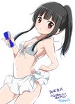  2016 artist_name august bikini bikini_skirt black_hair blush breasts brown_eyes can chijou_noko chikanoko cleavage collarbone commentary_request copyright_name dated energy_drink front-tie_top holding holding_can long_hair looking_at_viewer navel ponytail ragho_no_erika red_bull signature simple_background small_breasts solo swimsuit white_background white_bikini 