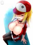  baseball_cap black_legwear blonde_hair breasts choker cilica cleavage collarbone female_protagonist_(pokemon_go) from_above green_eyes hat highres large_breasts leggings long_hair one_eye_covered open_mouth pokemon pokemon_go ponytail sidelocks sitting solo sweat 