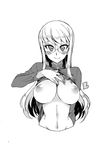  breasts cleavage glasses greyscale heart kusanagi_tonbo large_breasts long_hair looking_at_viewer monochrome navel nipples original outdoors shirt_lift simple_background smile solo white_background 