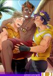  3boys abs bara beach blonde_hair blue_eyes blush dark_skin gloves happy_sex interracial kaki_(pokemon) lifting male_focus male_protagonist_(pokemon_go) multicolored_hair multiple_boys muscle naughty_face necklace nipples open_mouth outdoors pecs pokemon pokemon_(game) pokemon_go pokemon_sm public purple_hair sand sky smile spark_(pokemon) sweat teeth tongue topless tree undressing yaoi 