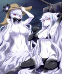  aircraft_carrier_hime alternate_costume arm_behind_head arm_up bikini black_bikini breasts drink drinking_straw flower hand_behind_head hat hat_flower horns kantai_collection large_breasts long_hair looking_at_viewer midway_hime multiple_girls navel one_side_up quatre_aaaa red_eyes sarong shinkaisei-kan side-tie_bikini sitting swimsuit very_long_hair wariza white_bikini white_hair white_skin 