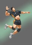  1boy abs black_hair haikyuu!! inmomakuro jumping male_focus muscle pecs shirt_lift solo 