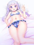  bikini blush checkered checkered_bikini doyouwantto flower hair_flower hair_ornament long_hair looking_at_viewer lying navel new_game! on_back open_mouth purple_eyes purple_hair smile solo suzukaze_aoba swimsuit twintails 
