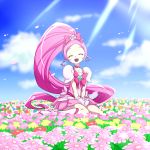 1girl :d ^_^ blue_sky boots choker closed_eyes cloud collarbone cure_blossom day eyes_closed field flower flower_field hanasaki_tsubomi heart heartcatch_precure! highres long_hair magical_girl matatabi_(karukan222) open_mouth outdoors pink_choker pink_hair ponytail precure sitting sky smile solo sunlight very_long_hair white_footwear 