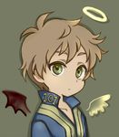 1boy angel_wings asymmetrical_wings bat_wings blonde_hair chibi closed_mouth collarbone fallout fallout_3 green_eyes halo hoshino_(starrytheorem) lone_wanderer looking_at_viewer male_focus original simple_background solo upper_body 