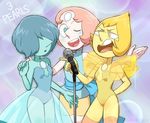  arm_around_shoulder blonde_hair blue_eyes blue_hair blue_leotard blue_pearl_(steven_universe) blue_skin cowboy_shot forehead_jewel hair_over_eyes kohira-san leotard microphone multiple_girls music one_eye_closed orange_hair pale_skin pearl_(steven_universe) sash see-through singing steven_universe thighhighs watermark yellow_eyes yellow_leotard yellow_pearl_(steven_universe) yellow_skin 