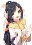  bad_id bad_pixiv_id bangs belt brown_eyes brown_hair clenched_hands commentary_request dress fang hair_ribbon hand_up high_ponytail kuon_(utawareru_mono) long_hair looking_at_viewer open_mouth ponytail ribbon sketch smile solo takamiya_nao utawareru_mono utawareru_mono:_itsuwari_no_kamen white_background wide_sleeves 