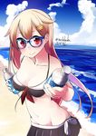  bad_id bad_pixiv_id bare_arms bare_shoulders beach bespectacled bikini bikini_skirt black_bikini blush bottle cloud cloudy_sky day glasses groin hair_flaps hair_ornament hair_ribbon hairclip kantai_collection long_hair looking_at_viewer navel nekobaka ocean outdoors reaching_out red_eyes remodel_(kantai_collection) ribbon sailor_bikini sailor_collar sand sky smile solo stomach swimsuit water water_bottle yuudachi_(kantai_collection) 