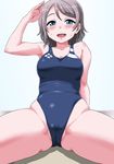  blue_eyes blush breasts brown_hair cameltoe competition_swimsuit gachon_jirou large_breasts looking_at_viewer love_live! love_live!_sunshine!! one-piece_swimsuit open_mouth salute short_hair sitting smile solo spread_legs sweat swimsuit teeth watanabe_you 
