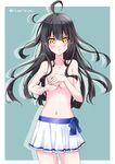  ahoge black_hair blush collarbone commentary_request covering covering_breasts cowboy_shot kantai_collection long_hair mikage_takashi mikazuki_(kantai_collection) navel pads pleated_skirt see-through simple_background skirt solo teal_background topless twitter_username yellow_eyes 