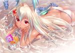  arm_support ass bare_shoulders bikini blush breasts butt_crack cup dark_skin dragon drinking_glass drinking_straw flower granblue_fantasy hair_flower hair_ornament long_hair looking_at_viewer lying medium_breasts on_stomach ono_misao red_eyes solo swimsuit white_bikini white_hair zooey_(granblue_fantasy) 