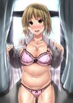  absurdres bra breasts brown_eyes brown_hair cleavage commentary_request curtains floral_print highres idolmaster idolmaster_cinderella_girls lace lace-trimmed_bra lace-trimmed_panties large_breasts looking_at_viewer mimura_kanako navel open_clothes open_mouth open_shirt panties plump rihitozoire shirt short_hair sweat underwear window 
