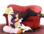  ahoge artist_name bad_id bad_pixiv_id black_hair blonde_hair boots child closed_eyes couch eizen_(tales) hair_over_one_eye laphicet_(tales) long_hair low_ponytail multiple_boys nagonmaou open_mouth rokurou_rangetsu sitting sleeping tales_of_(series) tales_of_berseria 