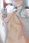  alternate_costume aqua_hair blush breasts cellphone closed_mouth commentary_request epaulettes gachou groin head_out_of_frame heart kantai_collection large_breasts long_hair long_sleeves midriff military military_uniform naval_uniform navel no_bra nose_blush open_clothes out-of-frame_censoring phone self_shot sidelocks smartphone smile solo spoken_heart stomach suzuya_(kantai_collection) sweat uniform upper_body 