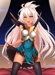  :d armor armored_dress black_legwear breastplate curtains dark_skin dress granblue_fantasy hand_on_own_thigh healther long_hair looking_at_viewer night night_sky open_mouth skirt_hold sky smile solo thighhighs very_long_hair white_hair yellow_eyes zooey_(granblue_fantasy) 