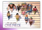  2girls black_hair blonde_hair blue_hair cigarette franky green_hair hair_over_one_eye haramaki hoodie horse jeans monkey_d_luffy multiple_girls nami_(one_piece) nico_robin oda_eiichirou official_art one_piece orange_hair plaid roronoa_zoro sanji smile smoking straw_hat sunglasses tattoo tony_tony_chopper usopp walking 