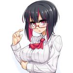 black_hair breast_hold breasts glasses highres large_breasts looking_at_viewer mikan_riji multicolored_hair open_mouth original pink_eyes pink_hair red-framed_eyewear ridinetta semi-rimless_eyewear solo two-tone_hair 