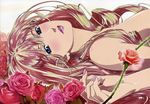  absurdres blonde_hair blue_eyes earrings flower highres huge_filesize incredibly_absurdres jewelry lips lipstick long_hair looking_at_viewer lying macross macross_frontier makeup marufuji_hirotaka nail_polish official_art on_back parted_lips red_flower red_rose rose scan sheryl_nome single_earring solo 