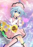  beamed_eighth_notes blue_eyes blue_hair cloud cross_(crossryou) eighth_note glowing hat instrument merlin_prismriver musical_note quarter_note sky solo staff_(music) touhou trumpet 