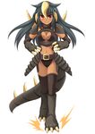  black_hair breasts claws cleavage_cutout cross_(crossryou) dark_skin horns large_breasts long_hair looking_at_viewer navel personification red_eyes smile solo tan ultra_series 