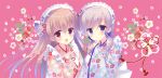  2girls :d :o apron bangs blue_bow blue_kimono blush bow brown_hair commentary_request diagonal_stripes double_bun eyebrows_visible_through_hair fang floral_print flower food fruit hair_between_eyes hair_bow japanese_clothes kimono long_hair long_sleeves multiple_girls open_mouth original pink_background pink_kimono print_kimono purple_eyes red_bow red_eyes side_bun sleeves_past_fingers sleeves_past_wrists smile strawberry strawberry_blossoms striped striped_bow sumii upper_body very_long_hair white_apron white_flower wide_sleeves 