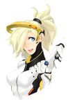  absurdres aino_chuan_daoshi blonde_hair blue_eyes bodysuit breasts emblem hair_over_one_eye high_ponytail highres long_hair looking_at_viewer mechanical_halo medium_breasts mercy_(overwatch) open_mouth overwatch simple_background smile solo upper_body white_background 