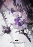  abstract black_gloves black_legwear boots chinese dress floating from_side full_body fur_trim gloves highres jacket long_sleeves original pantyhose purple_eyes purple_jacket short_hair solo star star_print white_hair wide_sleeves zeixique 