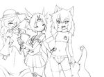  animal_ears cameko_(camel) camel_(dansen) eyes_closed hat kyu_(dgallon) midriff milia milia_wars monochrome navel puki_(dgallon) sachiho skirt 