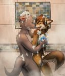  5_fingers anthro bathing blush brown_fur brown_hair bubble butt canine duo fox fur green_eyes grey_fur hair haychel male mammal mustelid one_eye_closed open_mouth otter romantic_couple shower standing tan_fur wet whiskers 