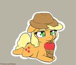  2016 alasou apple applejack_(mlp) blonde_hair cowboy_hat cutie_mark earth_pony equine eyelashes female feral food freckles friendship_is_magic fruit green_eyes hair hat horse ice_cream_cone licking lying mammal my_little_pony on_front pony simple_background solo tongue tongue_out 