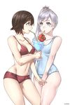  bendy_straw bikini blue_eyes blush breasts brown_hair cleavage cup drinking drinking_straw flower groin highres holding_hand kio_rojine long_hair multiple_girls navel one-piece_swimsuit ponytail ruby_rose rwby scar scar_across_eye school_swimsuit short_hair silver_eyes simple_background small_breasts strap_gap swimsuit weiss_schnee white_background white_hair yuri 