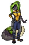  alice_okai alpha_channel anthro armor bell big_breasts biped breasts clothed clothing cosplay eye_covering feline female footwear fur green_fur green_hair green_markings grey_fur hair hand_on_hip huge_tail legwear leopard mammal markings multicolored_fur pose sandals snow_leopard solo standing theowlette yellow_fur 