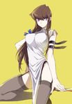  absurdres arm_belt breasts brown_hair china_dress chinese_clothes closed_mouth dress garter_straps genderswap genderswap_(mtf) grey_legwear hand_on_hip highres kaiba_seto large_breasts long_hair looking_at_viewer maruchi pelvic_curtain purple_eyes simple_background solo thighhighs white_dress yellow_background yuu-gi-ou 