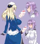  2girls atago_(kantai_collection) blonde_hair blush breasts censored evuoaniramu female_admiral_(kantai_collection) futa_with_female futanari gloves imminent_fellatio kantai_collection large_breasts long_hair multiple_girls open_mouth open_shirt penis purple_hair 