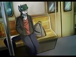  anthro black_bars black_nose clothed clothing detailed_background fluffy fluffy_tail green_hair hair hands_in_pockets inner_ear_fluff inside male mammal sitting skunk solo subway_train tiffico white_eyes 