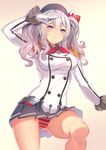  aguy breasts epaulettes kantai_collection kashima_(kantai_collection) medium_breasts panties purple_eyes salute silver_hair skirt smile solo striped striped_panties thighs underwear 