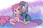  2016 abstract_background blue_eyes clothed clothing cutie_mark duo earth_pony equine female feral friendship_is_magic fur grey_fur hair horse hug licking mammal maud_pie_(mlp) my_little_pony pencils_(artist) pink_fur pink_hair pinkie_pie_(mlp) pony purple_hair saliva tongue tongue_out 