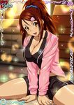  bachou_mouki black_shirt black_shorts breasts brown_eyes brown_hair card_(medium) cleavage collarbone hair_ornament hair_scrunchie high_ponytail ikkitousen indoors large_breasts long_hair looking_at_viewer open_mouth pink_sweater scrunchie shirt shorts solo sweater 
