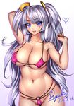  2015 arm_up bikini blue_eyes blush covered_nipples dated hair_ornament heart highres lavender_hair lips long_hair looking_at_viewer micro_bikini navel o-ring o-ring_bottom open_mouth original purple_bikini ryuki@maguro-ex signature simple_background smile solo swimsuit twintails very_long_hair 